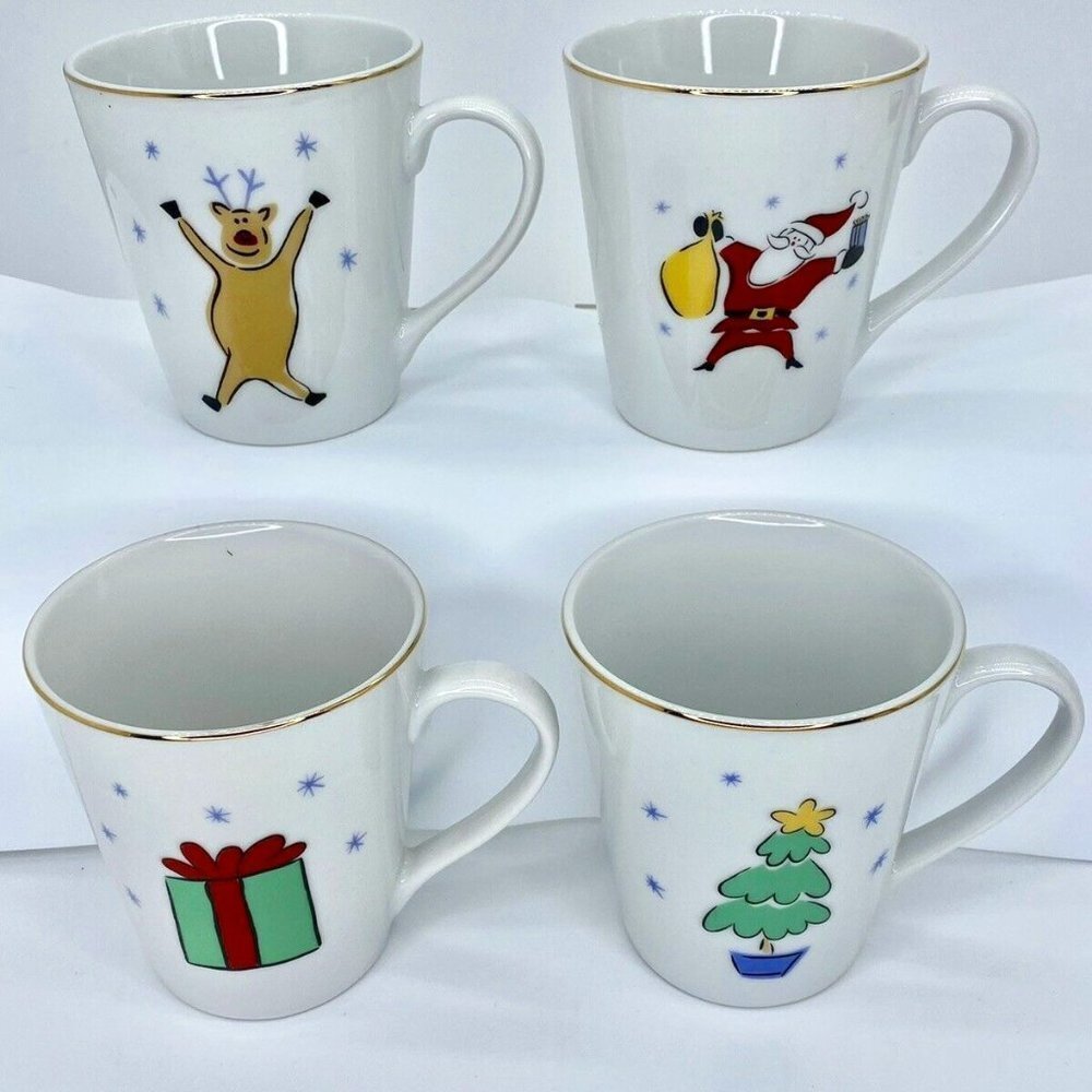 Y2K Merry Brite Christmas Mugs 4 Set‎ White Gold Trim Holiday Santa Reindeer VTG